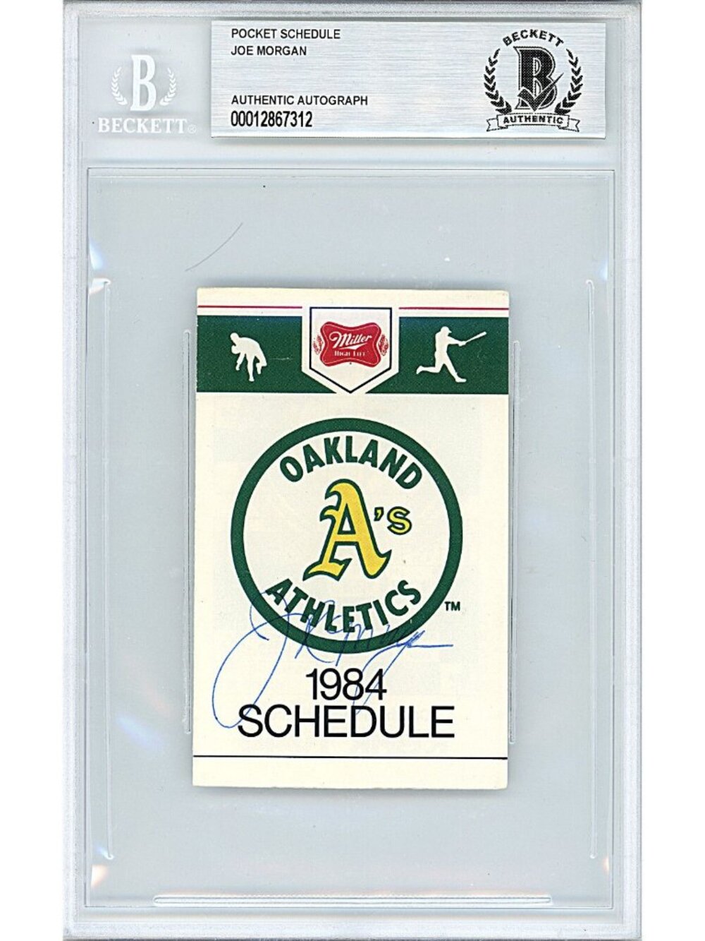 Joe Morgan Signed 1984 Oakland Athletics Season Schedule Beckett BAS Slab Auto